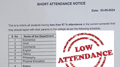 A recent notice issued by Hansraj College of Delhi University has instructed all students with low attendance to report to the campus with their parents. A recent notice issued by Hansraj College of Delhi University has instructed all students with low attendance to report to the campus with their parents.