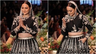 Sonakshi Sinha turns showstopper for Vikram Phadnis in a regal black lehenga set. (Instagram) Sonakshi Sinha turns showstopper for Vikram Phadnis in a regal black lehenga set. (Instagram)