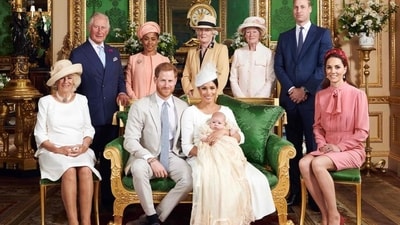 This official handout Christening photograph released by the Duke and Duchess of Sussex shows Britain's Prince Harry, Duke of Sussex (centre left), and his wife Meghan, Duchess of Sussex holding their baby son, Archie Harrison Mountbatten-Windsor flanked by (L-R) Britain's Camilla, Duchess of Cornwall, Britain's Prince Charles, Prince of Wales, Ms Doria Ragland, Lady Jane Fellowes, Lady Sarah McCorquodale, Britain's Prince William, Duke of Cambridge, and Britain's Catherine, Duchess of Cambridge in the Green Drawing Room at Windsor Castle, west of London on July 6, 2019. (AFP) This official handout Christening photograph released by the Duke and Duchess of Sussex shows Britain's Prince Harry, Duke of Sussex (centre left), and his wife Meghan, Duchess of Sussex holding their baby son, Archie Harrison Mountbatten-Windsor flanked by (L-R) Britain's Camilla, Duchess of Cornwall, Britain's Prince Charles, Prince of Wales, Ms Doria Ragland, Lady Jane Fellowes, Lady Sarah McCorquodale, Britain's Prince William, Duke of Cambridge, and Britain's Catherine, Duchess of Cambridge in the Green Drawing Room at Windsor Castle, west of London on July 6, 2019. (AFP)