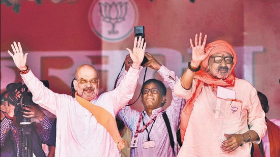 Amit Shah at a rally in Begusarai on April 29 in support of Giriraj Singh, the sitting MP and BJP candidate. (PTI)
