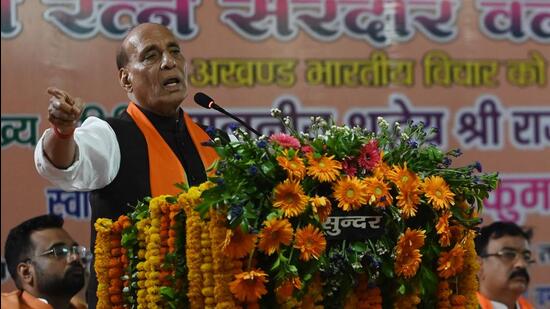 Defence minister Rajnath Singh at a public meeting for the 2024 Lok Sabha polls in Lucknow on Monday. (Deepak Gupta/HT Photo)