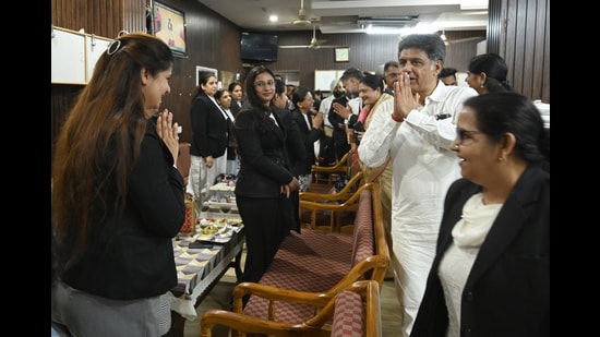 INDIA bloc candidate for Lok Sabha Manish Tewari during his election campaign at Punjab and Haryana high court in Chandigarh on Monday. (Ravi Kumar/HT)