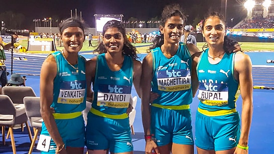 Nassau: Indian women's 4x400m relay team members Rupal Chaudhary, M R Poovamma, Jyothika Sri Dandi and Subha Venkatesan pose for photos after qualifying for Paris Olympics, at the World Athletics Relays, in Nassau, Bahamas. (PTI)