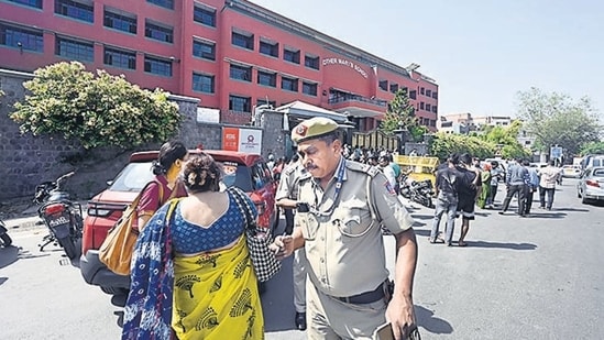 Police officers outside Mother Mary's School in Mayur Vihar on May 1 — the day the school received a hoax bomb threat. (HT photo)