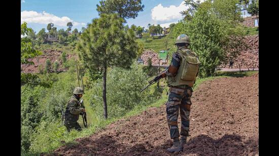 Security personnel during a search operation following Saturday's terror attack on an Indian Air Force (IAF) convoy, in Pooch district, on Monday. (PTI)
