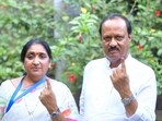 Ajit Pawar with his wife and NCP Baramati candidate Sunetra Pawar cast their votes early on Tuesday. NCP (SP) functionaries in Baramati parliamentary constituency levelled allegations of voter intimidation, booth capture, use of muscle and money power and other irregularities by Ajit Pawar-led NCP. (AJIT/X) Ajit Pawar with his wife and NCP Baramati candidate Sunetra Pawar cast their votes early on Tuesday. NCP (SP) functionaries in Baramati parliamentary constituency levelled allegations of voter intimidation, booth capture, use of muscle and money power and other irregularities by Ajit Pawar-led NCP. (AJIT/X)