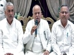 Three independent MLAs Sombir Sangwan, Randhir Golan and Dharampal Gondar withdraw support from the BJP government in Rohtak on Tuesday. (ANI)
