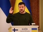 Ukraine's President Volodymyr Zelenskyy gestures during a press conference in Kyiv.