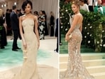 Singer Tyla (L) in a sand-sculpture beige dress and Jennifer Lopez (R) in her nearly-translucent beige dress made for a stunning appearance on the Met Gala 2024 red carpet (Instagram)