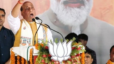 Saran, Bihar, India -May .02, 2024:Union Defence Minister Rajnath Singh addressing a public rally for Lok Sabha election in Saran, Bihar, India, Thursday,02, 2024. (Photo by Santosh Kumar/ Hindustan Times)