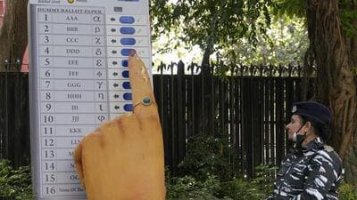 A model of an Electronic Voting Machine (EVM) outside the Election Commission of India (ECI) office in New Delhi. (PTI) A model of an Electronic Voting Machine (EVM) outside the Election Commission of India (ECI) office in New Delhi. (PTI)