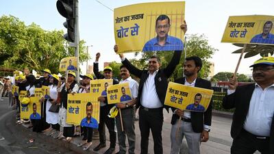 A protest against the arrest of Delhi CM Arvind Kejriwal at Connaught Place in New Delhi, India, on April 30. (Hindustan Times) A protest against the arrest of Delhi CM Arvind Kejriwal at Connaught Place in New Delhi, India, on April 30. (Hindustan Times)