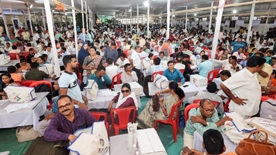 Polling officials with EVMs and other polling materials at the distribution centre in Maharashtra. (ANI Photo) Polling officials with EVMs and other polling materials at the distribution centre in Maharashtra. (ANI Photo)