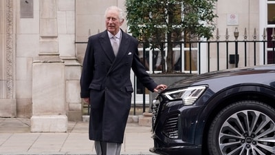 Britain's King Charles III leaves The London Clinic in central London, Jan. 29, 2024. (AP Photo/Alberto Pezzali, File) (AP)