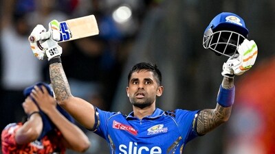 Mumbai Indians' Suryakumar Yadav celebrates after scoring a century as his team wins against Sunrisers Hyderabad (AFP) Mumbai Indians' Suryakumar Yadav celebrates after scoring a century as his team wins against Sunrisers Hyderabad (AFP)