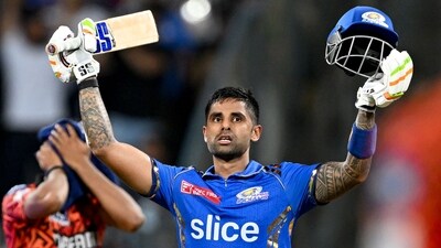 Mumbai Indians' Suryakumar Yadav celebrates after scoring a century (100 runs) as his team wins against Sunrisers Hyderabad at the end of their Indian Premier League (IPL) Twenty20 cricket match (AFP) Mumbai Indians' Suryakumar Yadav celebrates after scoring a century (100 runs) as his team wins against Sunrisers Hyderabad at the end of their Indian Premier League (IPL) Twenty20 cricket match (AFP)