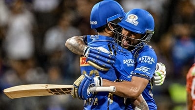 Mumbai Indians' Tilak Varma (R) and Suryakumar Yadav celebrate after their team's win against Sunrisers Hyderabad (AFP) Mumbai Indians' Tilak Varma (R) and Suryakumar Yadav celebrate after their team's win against Sunrisers Hyderabad (AFP)