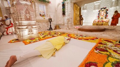 Prime Minister Narendra Modi prostrates before Lord Ram at the Ram temple in Ayodhya on Sunday. (PTI) Prime Minister Narendra Modi prostrates before Lord Ram at the Ram temple in Ayodhya on Sunday. (PTI)