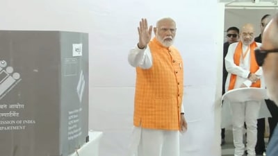 Prime Minister Narendra Modi on Tuesday voted at a polling booth in Gandhinagar Lok Sabha constituency in the single-phase voting for 25 seats in Gujarat. (PTI) Prime Minister Narendra Modi on Tuesday voted at a polling booth in Gandhinagar Lok Sabha constituency in the single-phase voting for 25 seats in Gujarat. (PTI)