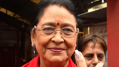 BJP leader Queen Oja shows her inked finger after casting her vote at a polling station during the third phase of Lok Sabha polls in Guwahati. (PTI) BJP leader Queen Oja shows her inked finger after casting her vote at a polling station during the third phase of Lok Sabha polls in Guwahati. (PTI)