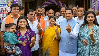 Union Minister and BJP leader Pralhad Joshi accompanied by his family members shows inked fingers after casting votes at a polling during the third phase of Lok Sabha polls in Hubballi. (PTI) Union Minister and BJP leader Pralhad Joshi accompanied by his family members shows inked fingers after casting votes at a polling during the third phase of Lok Sabha polls in Hubballi. (PTI)