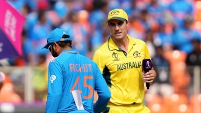 Indian captain Rohit Sharma and Australian captain Pat Cummins at the toss before the ICC Men's Cricket World Cup 2023 final. (PTI) Indian captain Rohit Sharma and Australian captain Pat Cummins at the toss before the ICC Men's Cricket World Cup 2023 final. (PTI)