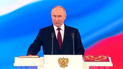 Russian President Vladimir Putin takes the oath during an inauguration ceremony at the Kremlin in Moscow, Russia May 7, 2024, in this still image taken from live broadcast video. (via REUTERS)