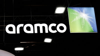 The Saudi Aramco logo is pictured at Hyvolution exhibition in Paris, France. (Reuters)
