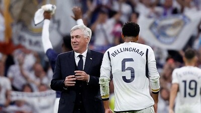 Real Madrid coach Carlo Ancelotti and Jude Bellingham celebrate (REUTERS)