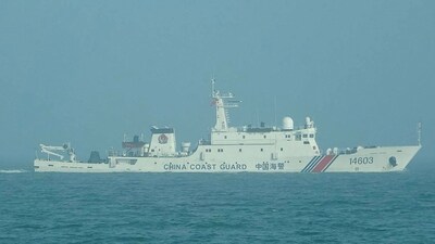 This handout picture taken on May 6, 2024 and released on May 7, 2024 by the Taiwan Coast Guard shows a Chinese Coast Guard ship sailing into the Kinmen waters. Four Chinese coastguard ships briefly sailed through Taiwan's "prohibited" waters, Taipei said. (AFP) This handout picture taken on May 6, 2024 and released on May 7, 2024 by the Taiwan Coast Guard shows a Chinese Coast Guard ship sailing into the Kinmen waters. Four Chinese coastguard ships briefly sailed through Taiwan's "prohibited" waters, Taipei said. (AFP)