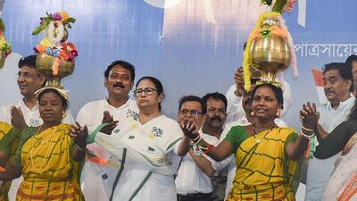 West Bengal chief minister Mamata Banerjee during a rally for the Lok Sabha elections in Bankura on Tuesday. (PTI)