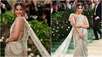 Alia Bhatt stunned on the red carpet as she transformed into an elegant princess in a Sabyasachi sari for her second Met Gala appearance. She wore a custom-made mint green Sabyasachi sari embellished with hand-embroidered flowers and semi-precious stones. The 23-foot train made a bold statement. Paired with a bejewelled blouse, Bhatt's ensemble epitomised elegance and audacious sophistication on the red carpet. (Instagram) Alia Bhatt stunned on the red carpet as she transformed into an elegant princess in a Sabyasachi sari for her second Met Gala appearance. She wore a custom-made mint green Sabyasachi sari embellished with hand-embroidered flowers and semi-precious stones. The 23-foot train made a bold statement. Paired with a bejewelled blouse, Bhatt's ensemble epitomised elegance and audacious sophistication on the red carpet. (Instagram)