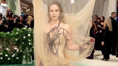Lana Del Rey stunned at the 2024 Met Gala in an elegant Alexander McQueen gown, adorned with twigs, and paired with a striking crown of branches veiled dramatically. Complementing the ensemble, she held a delicate rose, while opting for brunette waves and a nude lip for her beauty look. (Instagram) Lana Del Rey stunned at the 2024 Met Gala in an elegant Alexander McQueen gown, adorned with twigs, and paired with a striking crown of branches veiled dramatically. Complementing the ensemble, she held a delicate rose, while opting for brunette waves and a nude lip for her beauty look. (Instagram)