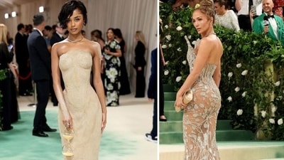 Singer Tyla (L) in a sand-sculpture beige dress and Jennifer Lopez (R) in her nearly-translucent beige dress made for a stunning appearance on the Met Gala 2024 red carpet (Instagram) Singer Tyla (L) in a sand-sculpture beige dress and Jennifer Lopez (R) in her nearly-translucent beige dress made for a stunning appearance on the Met Gala 2024 red carpet (Instagram)