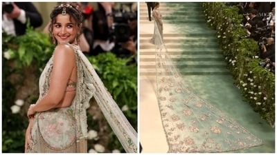 Alia Bhatt pays homage to her Indian heritage in a stunning Sabyasachi saree adorned with a magnificent train. Embracing the theme of "The Garden of Time," the actor's ensemble features intricate floral motifs delicately hand-embroidered with silk floss, glass beading, and semi-precious gemstones. Crafted with the dedication of 163 artisans and spanning 1,965 man-hours, the saree is a masterpiece of craftsmanship. Alia Bhatt pays homage to her Indian heritage in a stunning Sabyasachi saree adorned with a magnificent train. Embracing the theme of "The Garden of Time," the actor's ensemble features intricate floral motifs delicately hand-embroidered with silk floss, glass beading, and semi-precious gemstones. Crafted with the dedication of 163 artisans and spanning 1,965 man-hours, the saree is a masterpiece of craftsmanship.