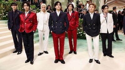 Bang Chan, Han, Felix, Seungmin, Hyunjin, I.N, Lee Know, and Changbin of Stray Kids pose at the Met Gala. (REUTERS)