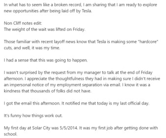 A woman shared a post claiming she was fired from Tesla (1/2). (LinkedIn/Bonnie Blalock) A woman shared a post claiming she was fired from Tesla (1/2). (LinkedIn/Bonnie Blalock)