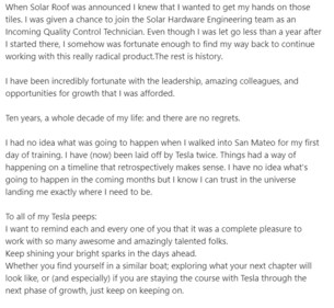A woman shared a post claiming she was fired from Tesla (2/2). (LinkedIn/Bonnie Blalock) A woman shared a post claiming she was fired from Tesla (2/2). (LinkedIn/Bonnie Blalock)