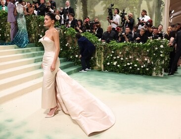Kylie Jenner poses at the Met Gala, an annual fundraising gala held for the benefit of the Metropolitan Museum of Art's Costume Institute with this year's theme 'Sleeping Beauties: Reawakening Fashion' in New York. (REUTERS)