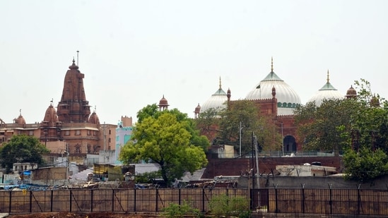 A view of Sri Krishna Janmabhoomi temple and Shahi Idgah mosque in Mathura. (ANI)