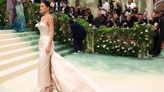 Kylie Jenner poses at the Met Gala, an annual fundraising gala held for the benefit of the Metropolitan Museum of Art's Costume Institute with this year's theme 'Sleeping Beauties: Reawakening Fashion' in New York.(REUTERS)