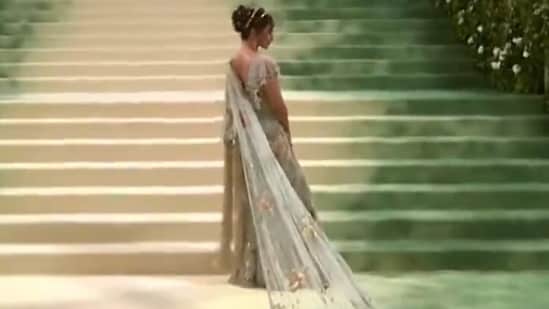 Styled by Anaita Shroff Adjania, the Sabyasachi saree features a 23-foot-long embroidered train.