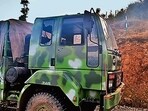 A damaged IAF truck in Poonch on Saturday. (ANI)
