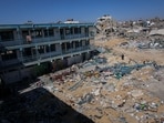 The remains of a United Nations Relief and Works Agency (UNRWA) school in central Khan Younis, Gaza, on Tuesday, May 7, 2024. International negotiators, including from the US, are at a delicate phase in talks to pause or end the seven-month war � a deal that would include the exchange of hostages for Palestinian prisoners and an increase of humanitarian aid to the embattled coastal strip.� Photographer: Ahmad Salem/Bloomberg