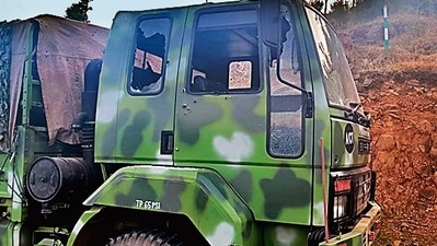 A damaged IAF truck in Poonch on Saturday. (ANI)