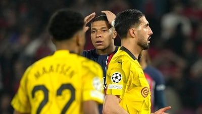 PSG's Kylian Mbappe reacts after the Champions League semifinal second leg soccer match between Paris Saint-Germain and Borussia Dortmund at the Parc des Princes stadium in Paris, France (AP)