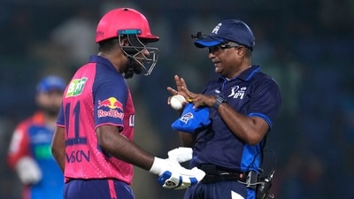 Rajasthan Royals' captain Sanju Samson talks to umpire after getting out (AP) Rajasthan Royals' captain Sanju Samson talks to umpire after getting out (AP)