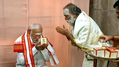 Prime Minister Narendra Modi visits Sri Raja Rajeshwara Swamy temple, in Karimnagar. (PTI) Prime Minister Narendra Modi visits Sri Raja Rajeshwara Swamy temple, in Karimnagar. (PTI)