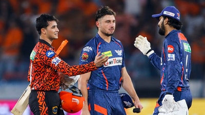 Sunrisers Hyderabad's Abhishek Sharma being congratulated by Lucknow Super Giants' captain KL Rahul and Marcus Stoinis (PTI) Sunrisers Hyderabad's Abhishek Sharma being congratulated by Lucknow Super Giants' captain KL Rahul and Marcus Stoinis (PTI)