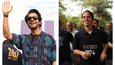 Actor RajKummar Rao and badminton player Saina Nehwal joined in the Viksit Bharat Run in North Campus of Delhi University on Wednesday morning. (Photos: Raajessh Kashyap/HT) Actor RajKummar Rao and badminton player Saina Nehwal joined in the Viksit Bharat Run in North Campus of Delhi University on Wednesday morning. (Photos: Raajessh Kashyap/HT)